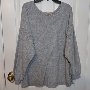 Democracy Grey Pearl Embellished Sleeve Soft Boat Neck Pullover Sweater Sz XL